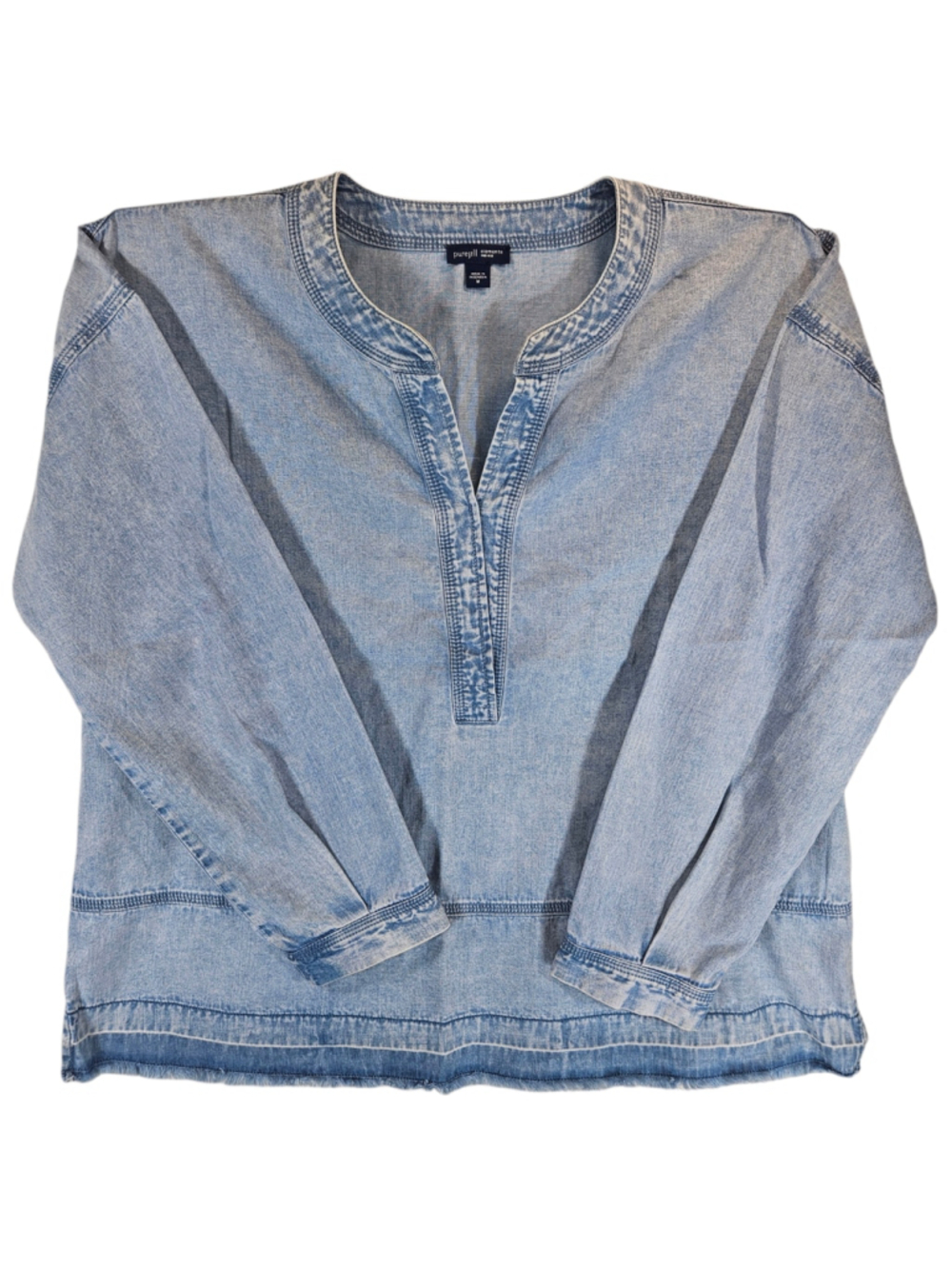 Pure Jill Denim Chambray Top M Split Neck Long Sleeve Blue Casual Shirt